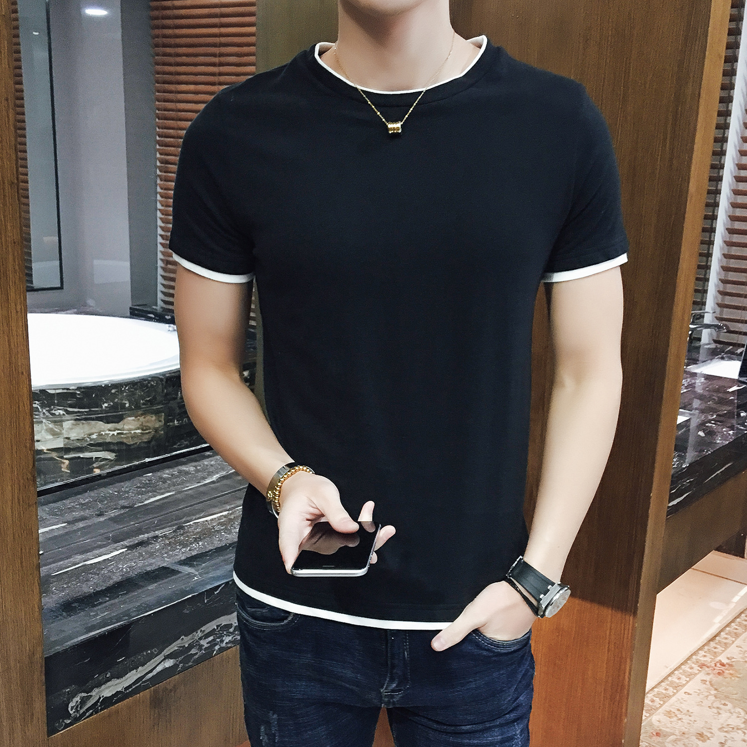 Round neck fake two piece Jersey short sleeve