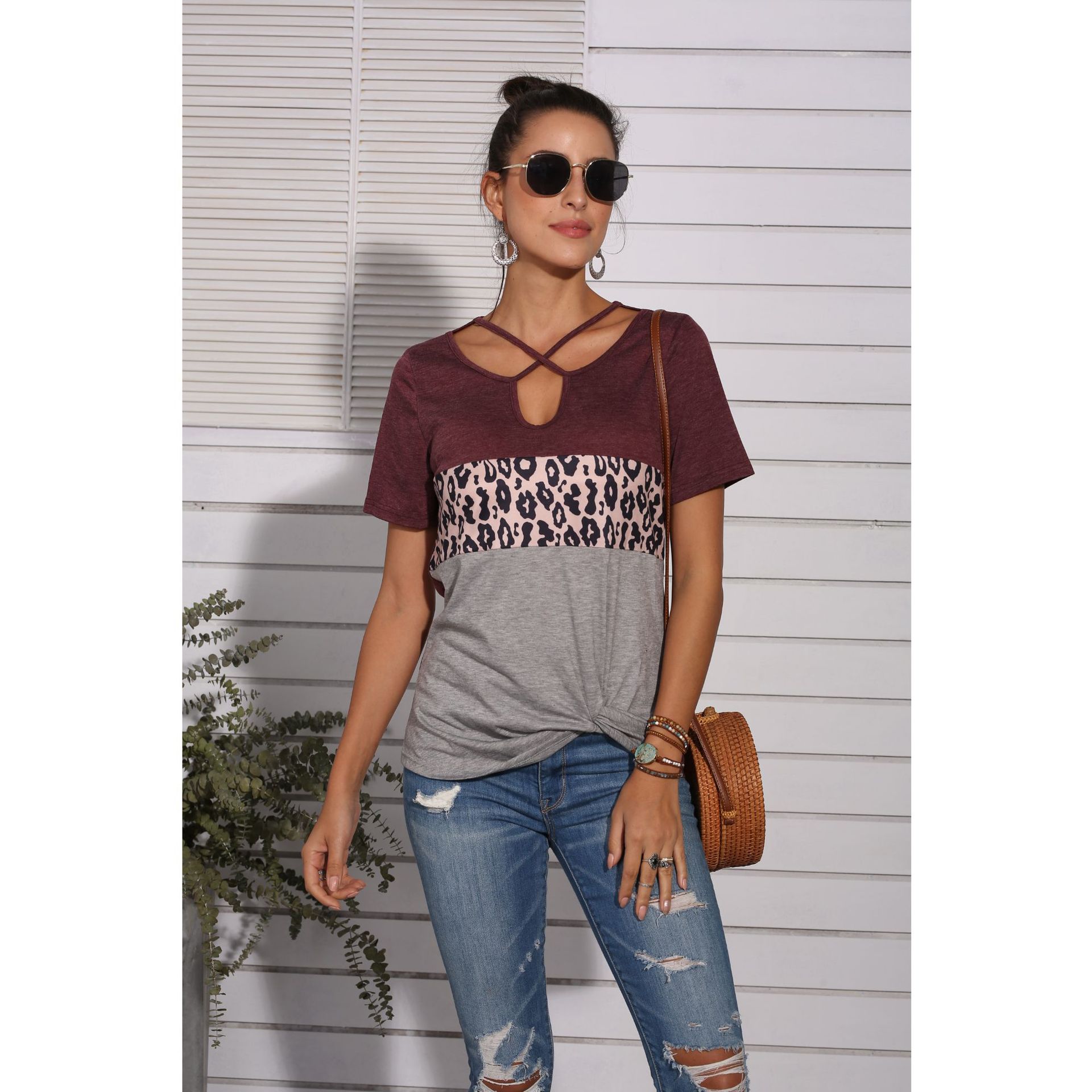Leopard stitching cross strap short sleeve
