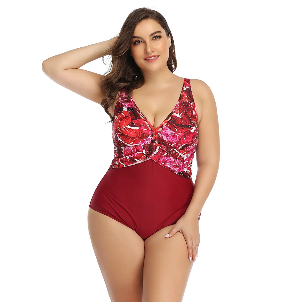 Print one-piece suit with a cross over chest - Red