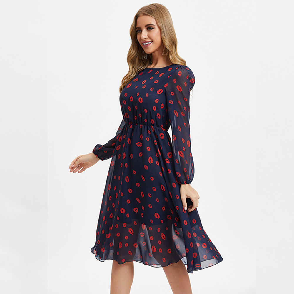 Sexy lipprint perspective Long Sleeve Dress