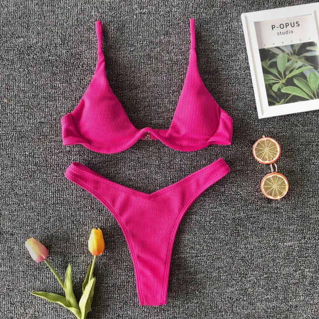 Individuality gathered underwire special fabric split swimsuit Rose - Shop at LoveMi