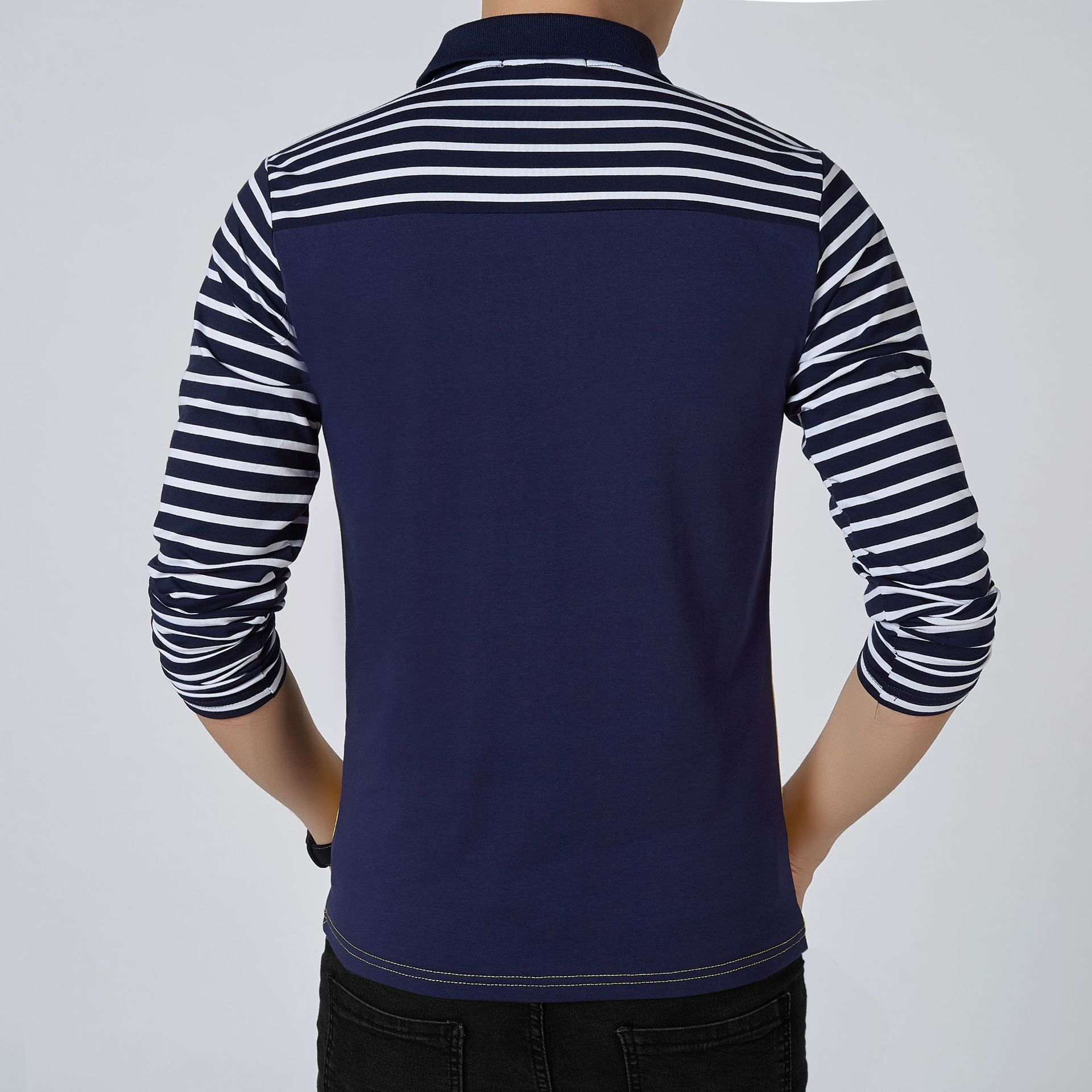 Men's stripe long sleeve polo collar top