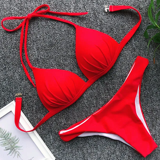 One piece bra hanging neck bikini Red - Shop at LoveMi