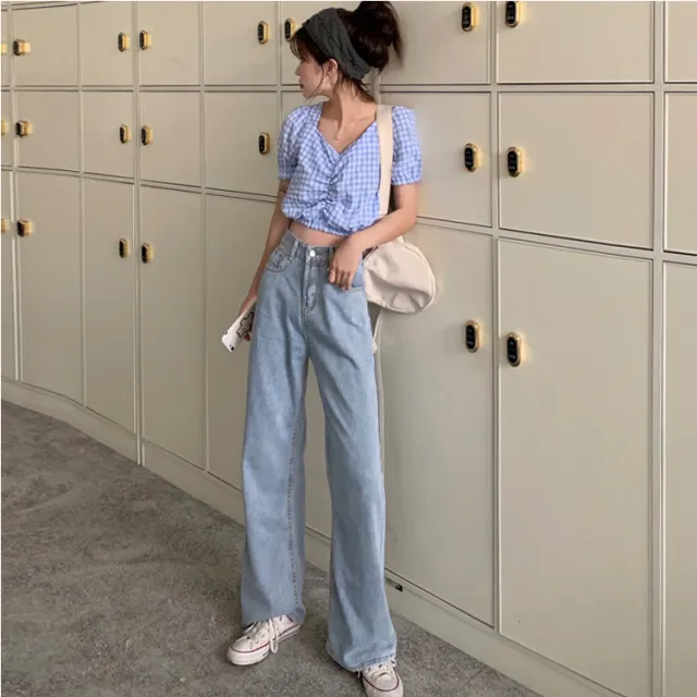 Straight slim wide leg pants Blue - Shop at LoveMi