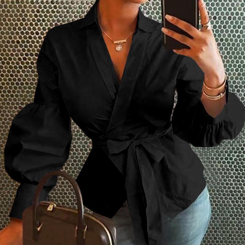 V-neck lantern sleeve button shirt