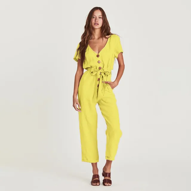 Single breasted wild nine point jumpsuit Yellow - Shop at LoveMi