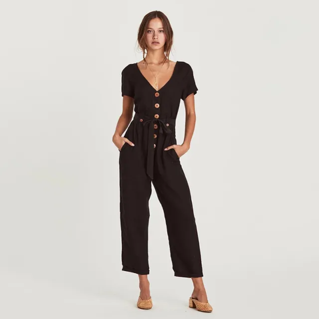 Single breasted wild nine point jumpsuit Black - Shop at LoveMi