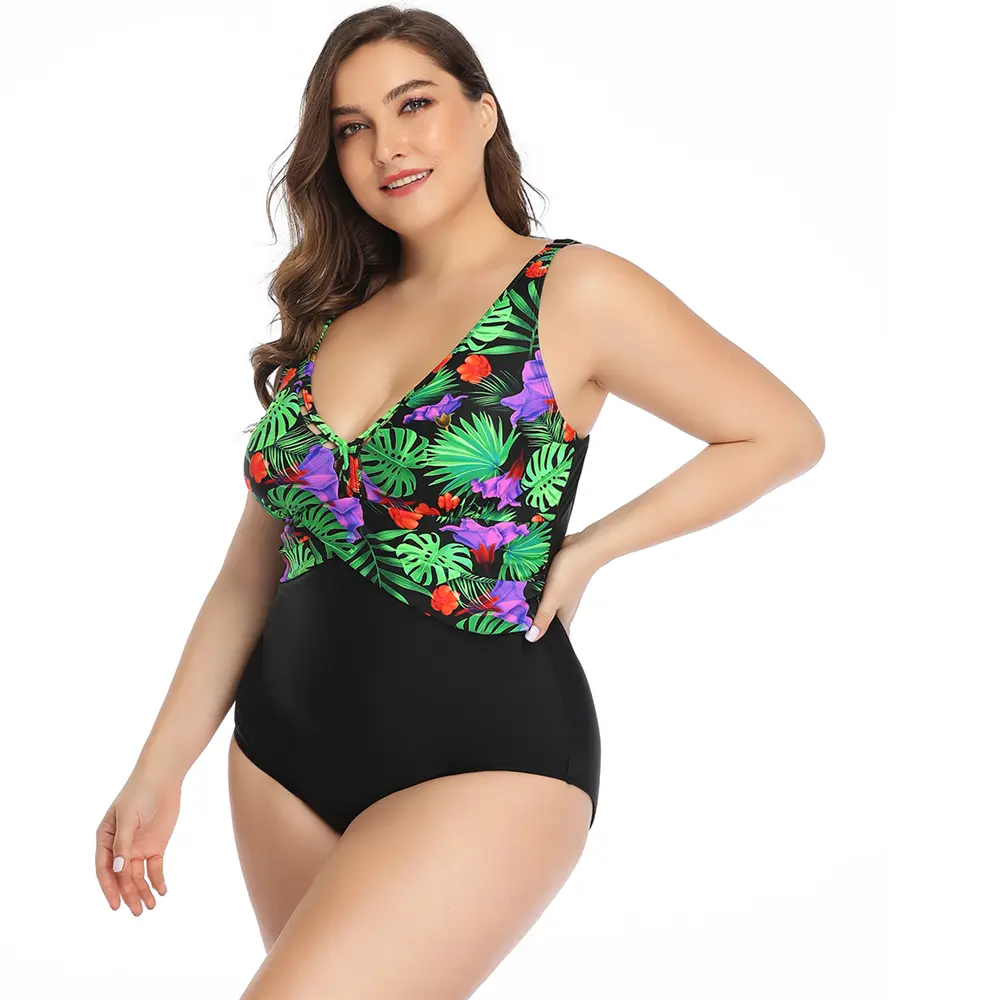 Print one-piece suit with a cross over chest