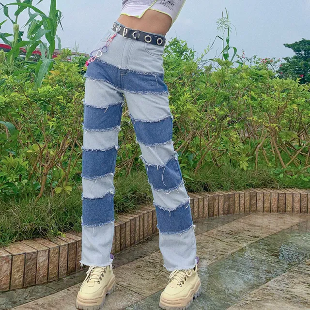 Vintage contrast high rise jeans Blue - Shop at LoveMi