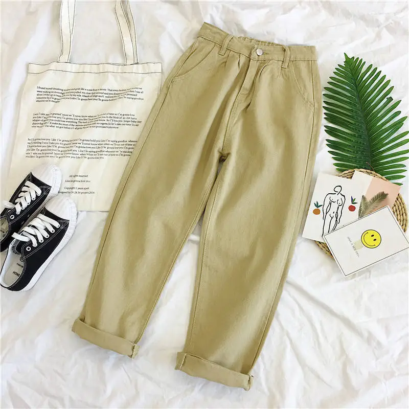 Ladies high waist straight jeans - Khaki