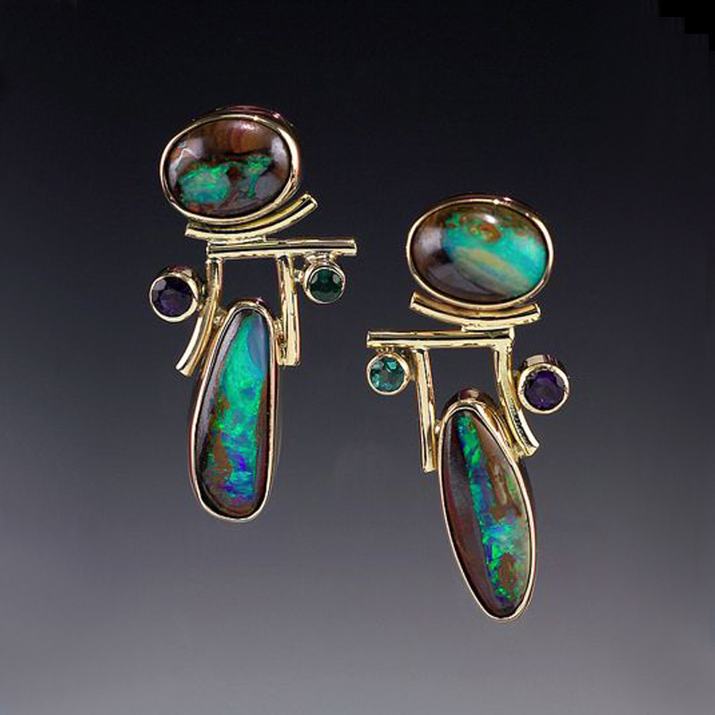 Vintage Gold Color Moonstone Opal Earrings Ladies Luxury Purple Green Crystal Personality