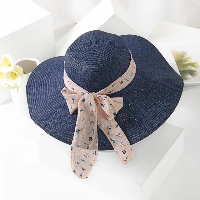 Chiffon streamer straw hat Navy Blue - Shop at LoveMi