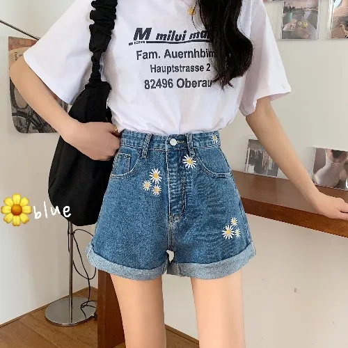Daisy baggy denim wide leg shorts Dark Blue - Shop at LoveMi