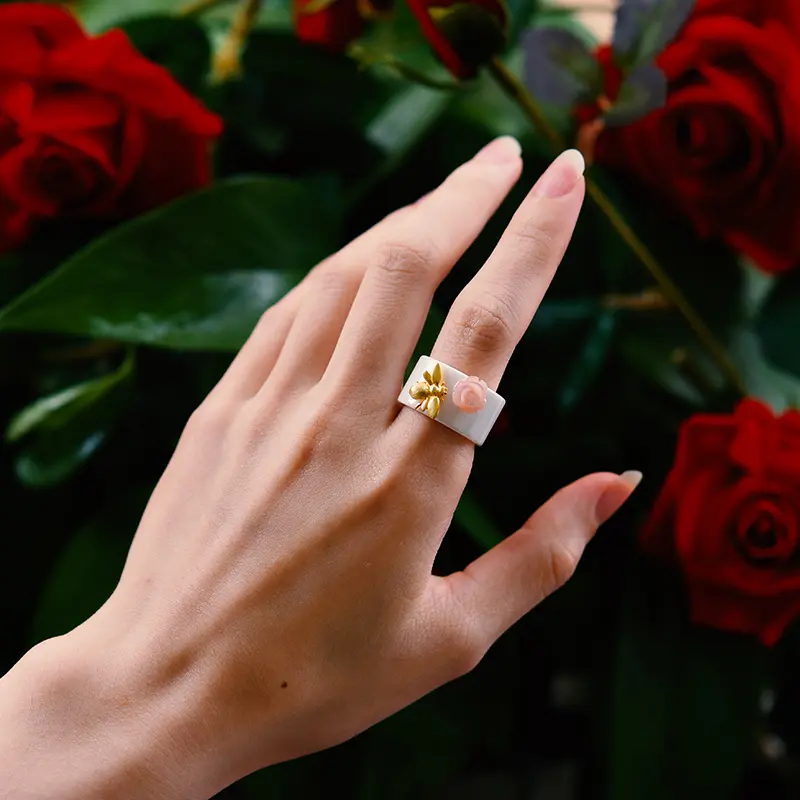 S925 pure silver ceramic bee ring
