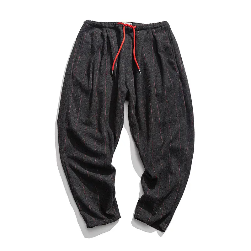Checked pattern loose slacks cotton and linen trousers