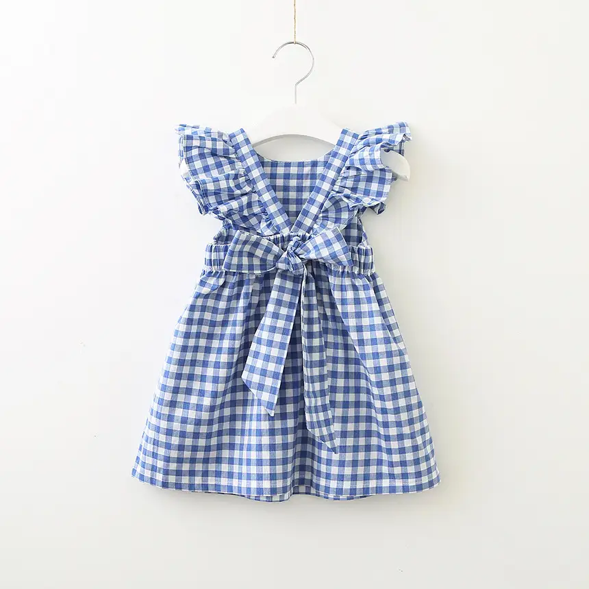 Bowknot plaid dress backless flying sleeve princess dress