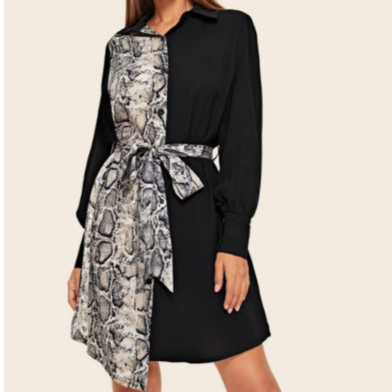 Long shirt dress with contrasting animal print