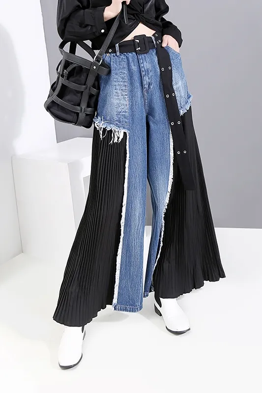 Jeans stitching chiffon wide leg pants Blue - Shop at LoveMi