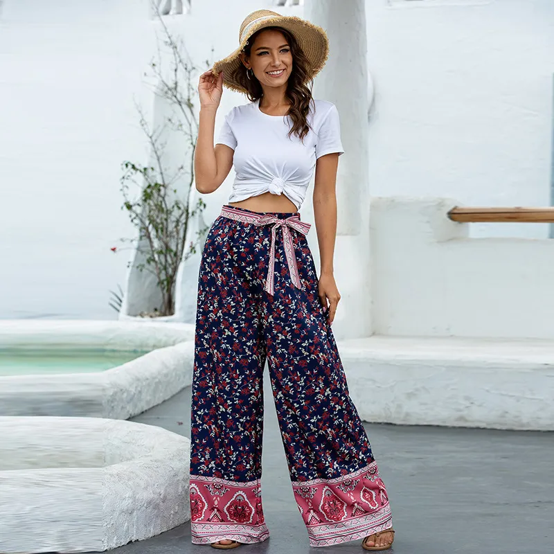 European and American loose printed wide-leg pants - Blue