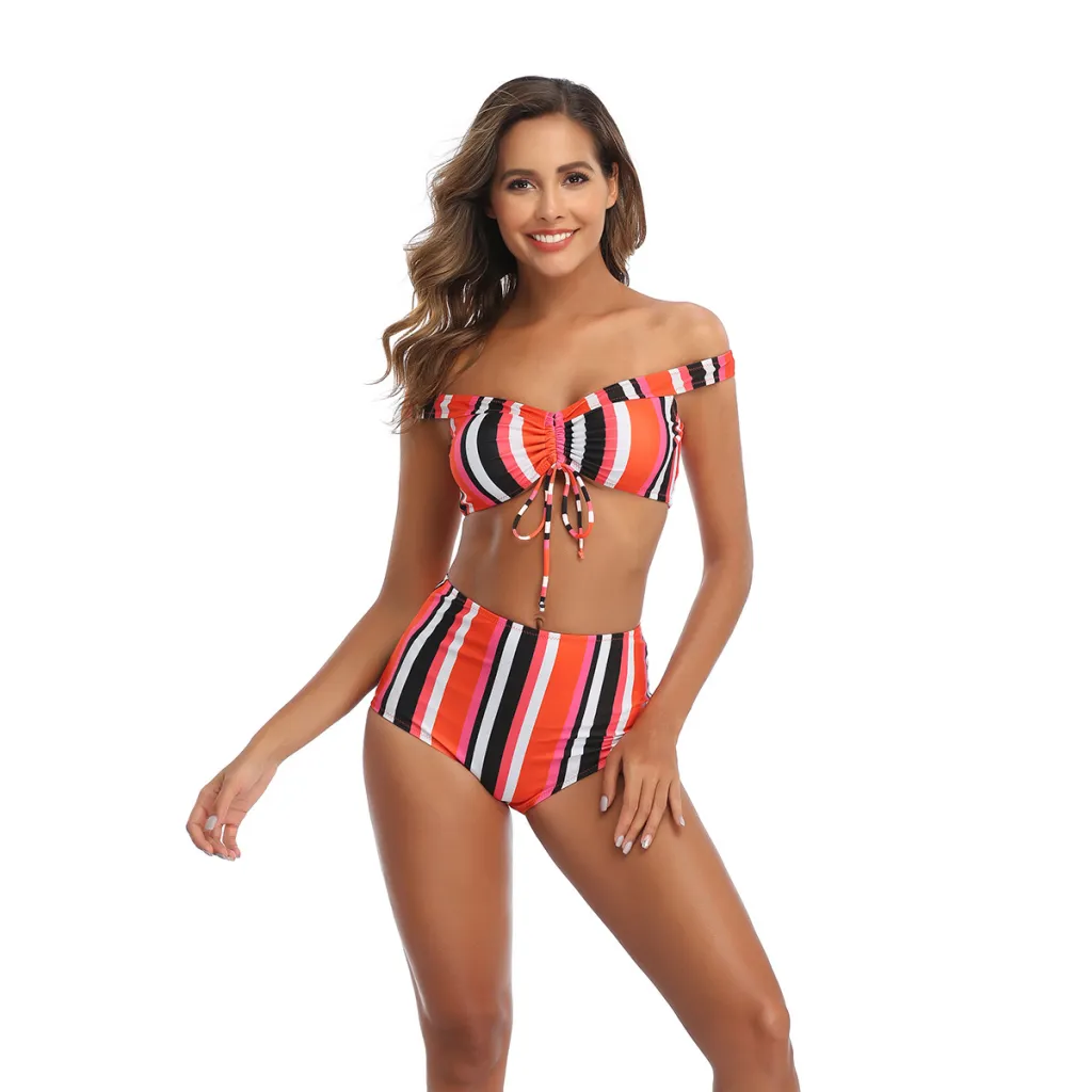 Vertical stripe printed stitching swimsuit - Stripe-M
