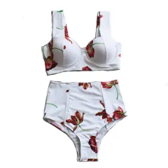 Rose Print Underwire Gathered Big Breast High Waist Stitching Bikini - Rose - View 1