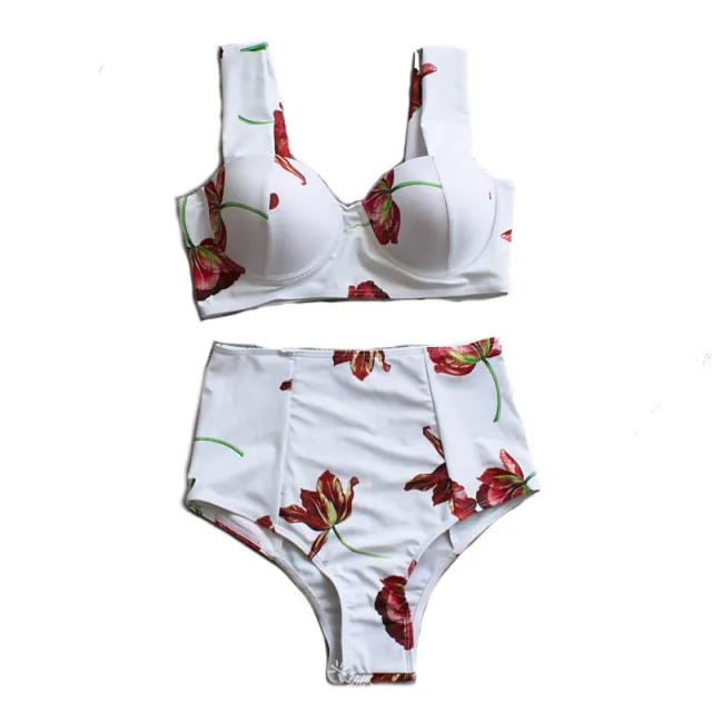 Rose Print Underwire Gathered Big Breast High Waist Stitching Bikini Rose - Shop at LoveMi