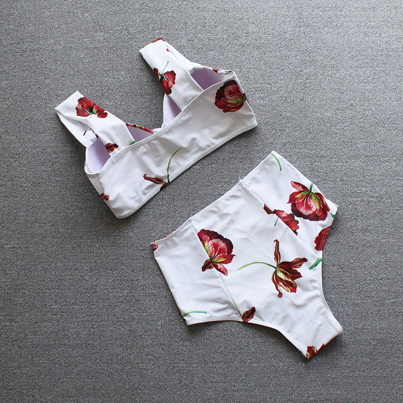 Rose Print Underwire Gathered Big Breast High Waist Stitching Bikini