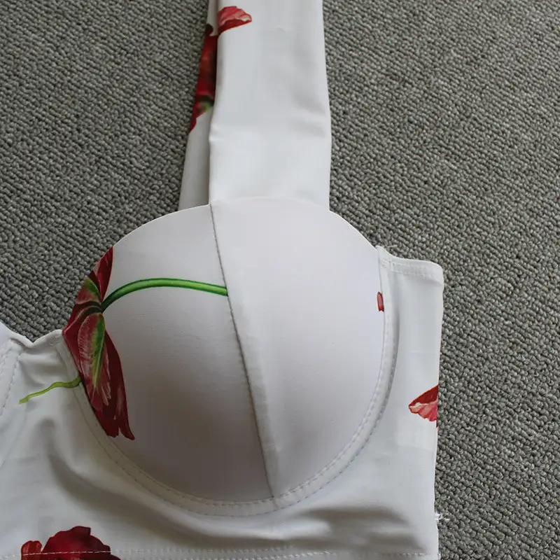 Rose Print Underwire Gathered Big Breast High Waist Stitching Bikini