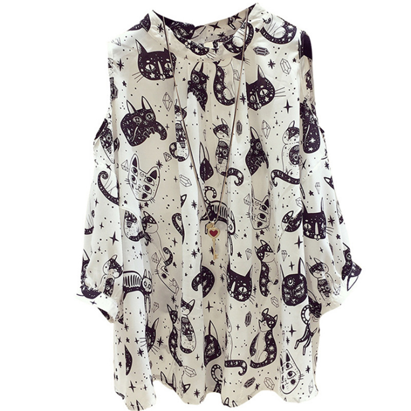Cat print strapless chiffon shirt blouse