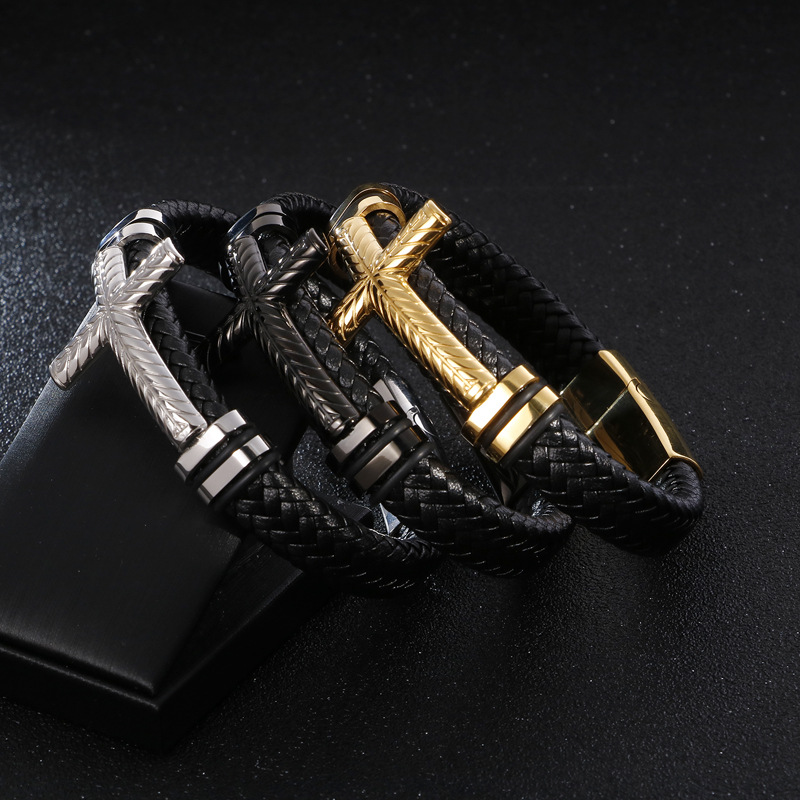 Cross stainless steel bracelet braided leather bracelet