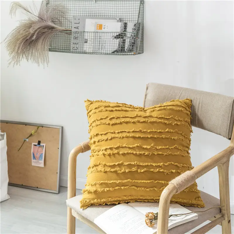 Fringed cotton and linen pillowcase