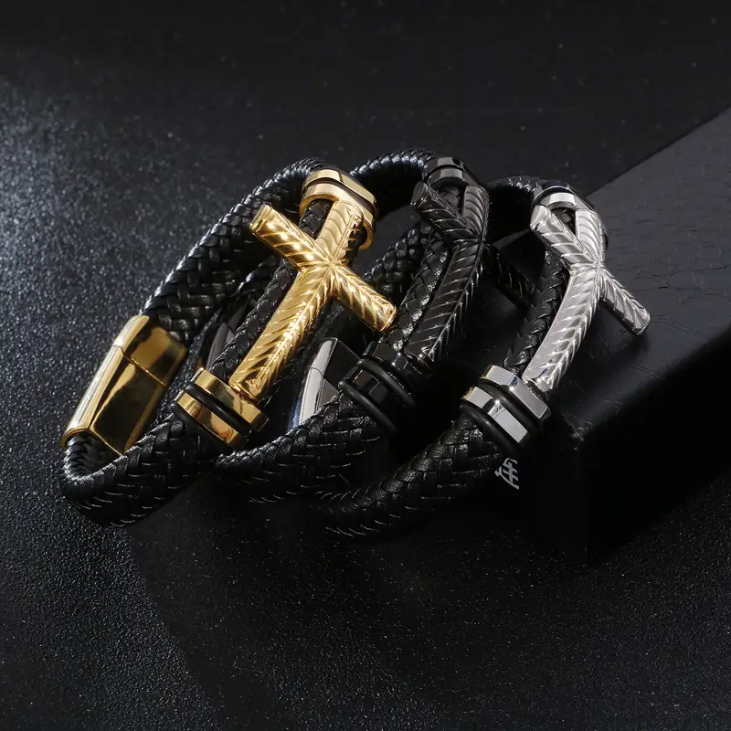 Cross stainless steel bracelet braided leather bracelet