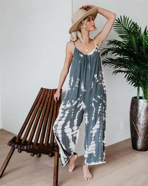 Loose sling tapered printed jumpsuit - Grey