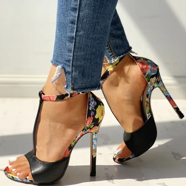 High heel buckle chunky heel floral sandals Black - Shop at LoveMi