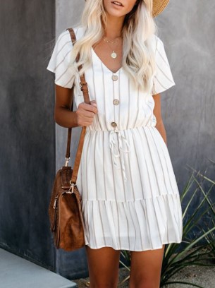 Striped short sleeve tie waist casual dress