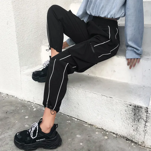 Street hip hop overalls women's zipper pocket casual pants Black - Shop at LoveMi