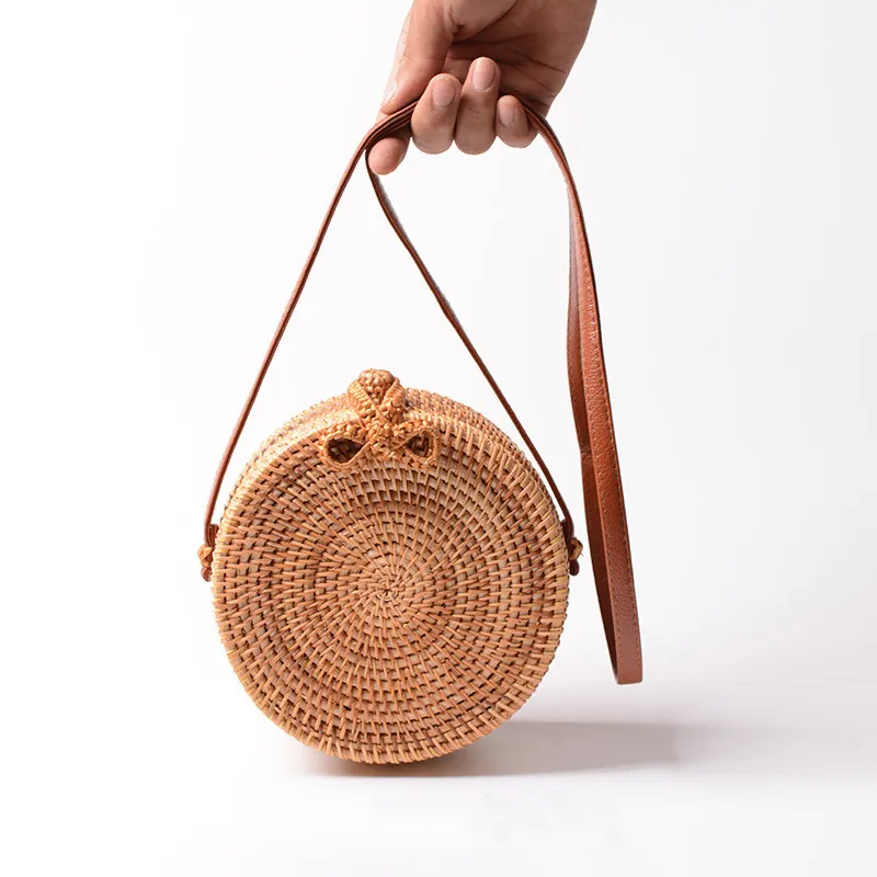 Natural PU small round straw bag - 18X8 Leather