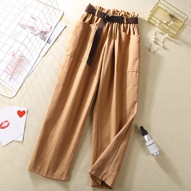 Flower bud elastic waist versatile casual pants Khaki - Shop at LoveMi