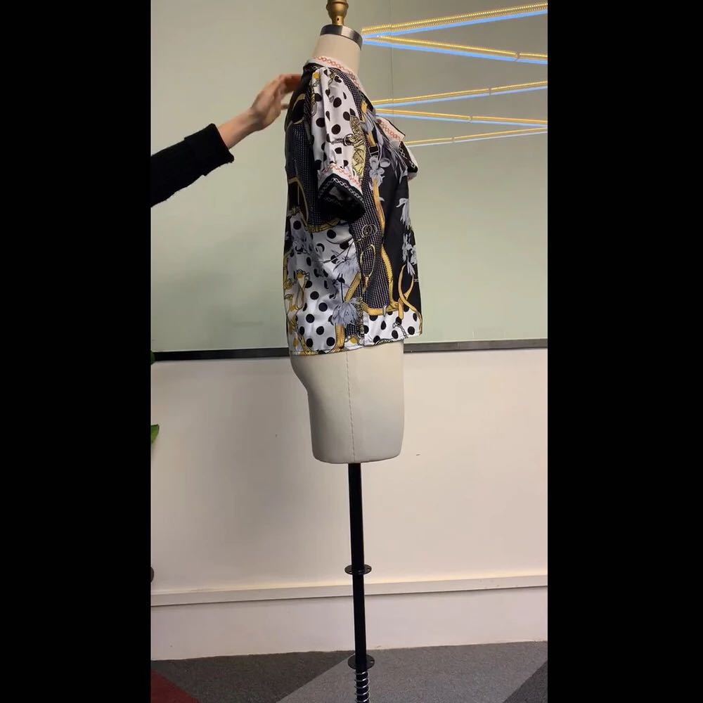 Printed chain shirt bow puff sleeve