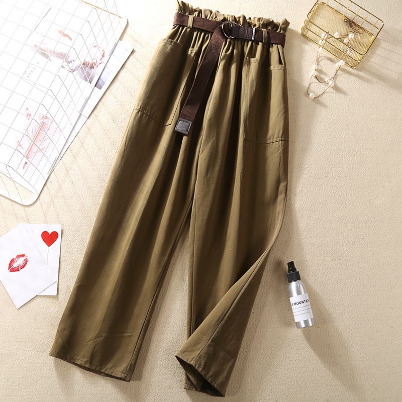 Flower bud elastic waist versatile casual pants Green - Shop at LoveMi