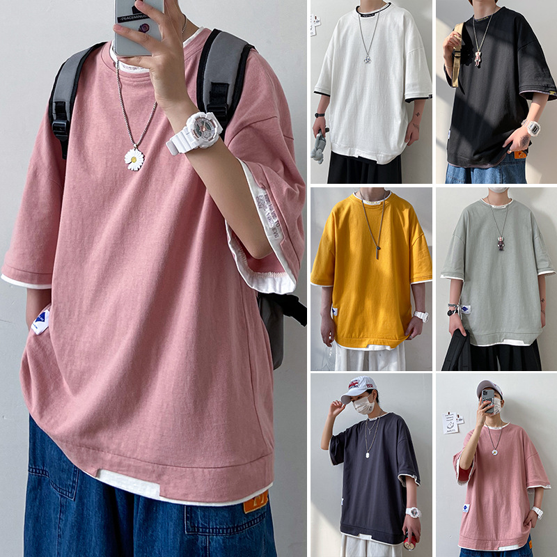 Colorblock fake two pieces of solid color simple straight 3/4 sleeves