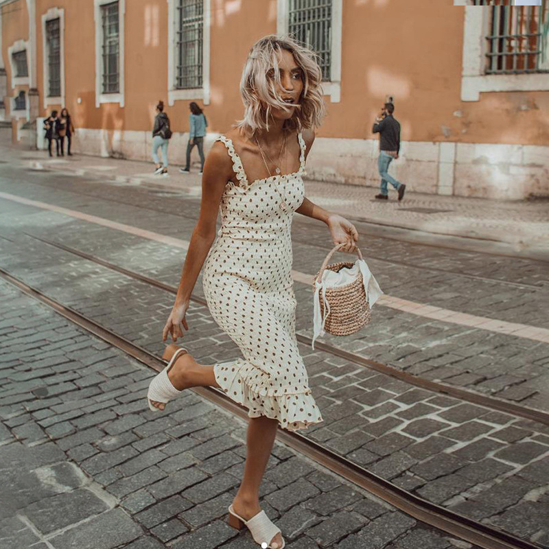Pleated polka dot dress with fungus straps