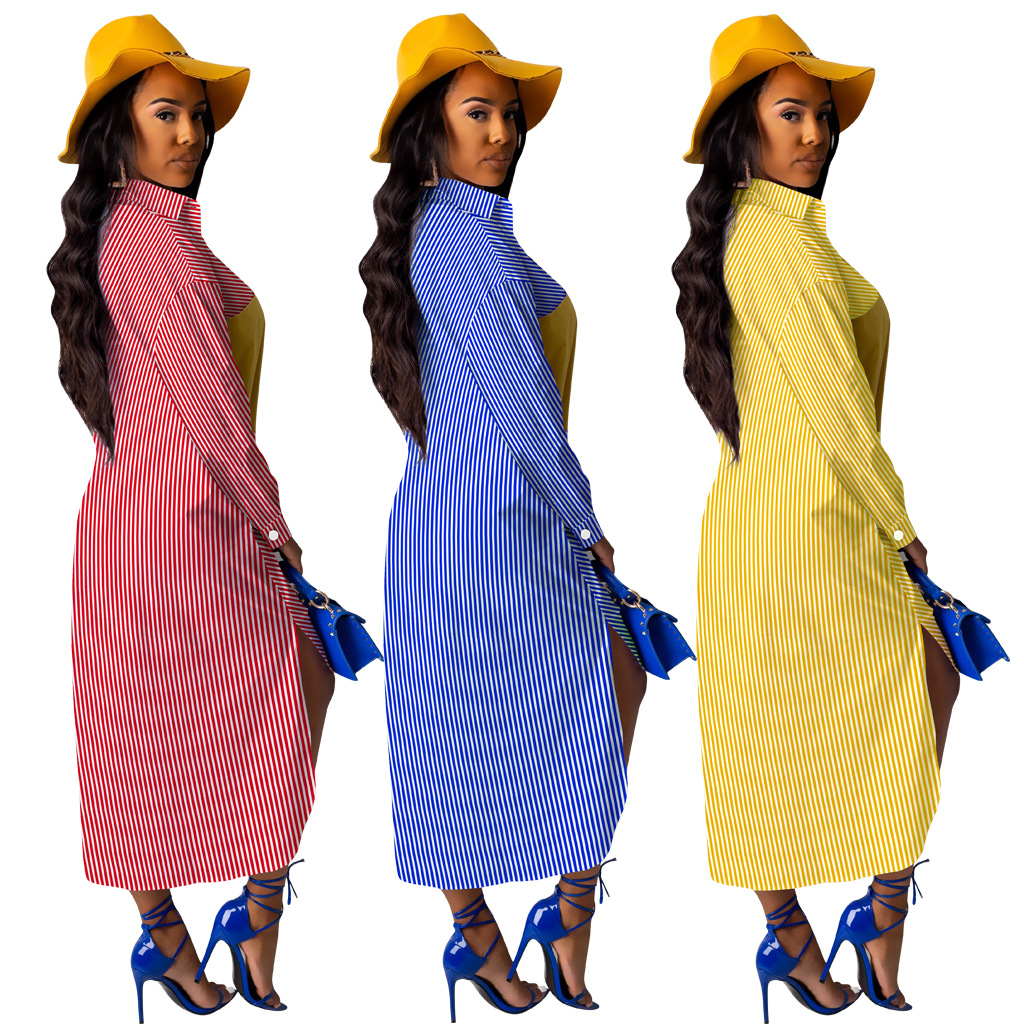 Striped printed bat sleeve irregular stitching dress