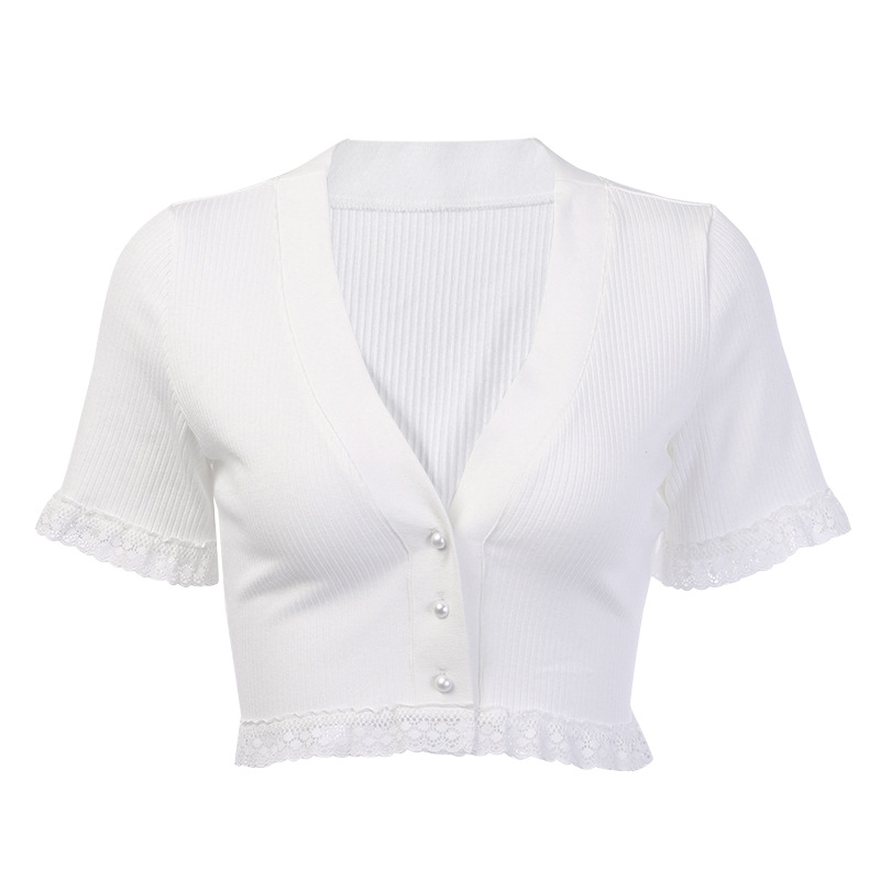 Button lace exposed navel short sleeves