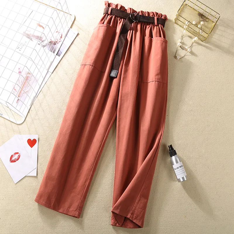 Flower bud elastic waist versatile casual pants - Red