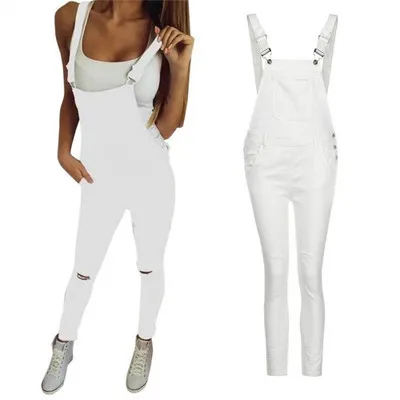 Two-tone denim overalls suspenders - White