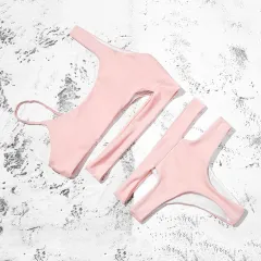 Solid colour cutout high waist bikini - Pink - View 1