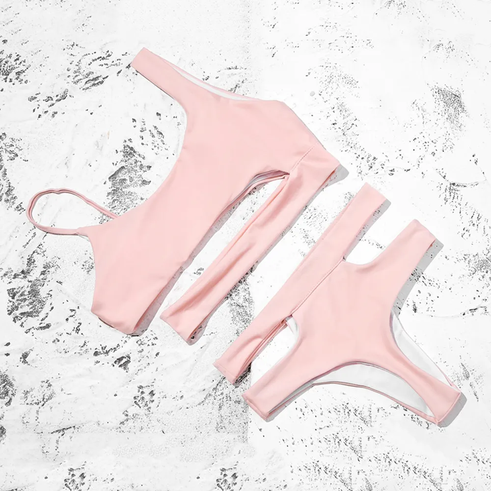 Solid colour cutout high waist bikini - Pink