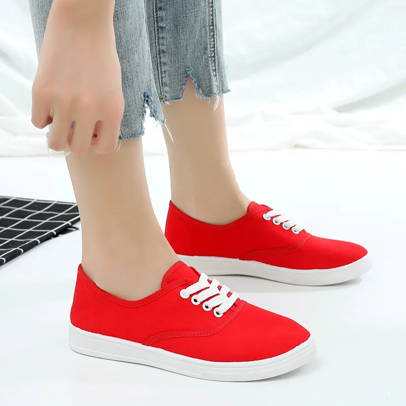 Lace-up canvas shoes wild Korean white student shoes - Red