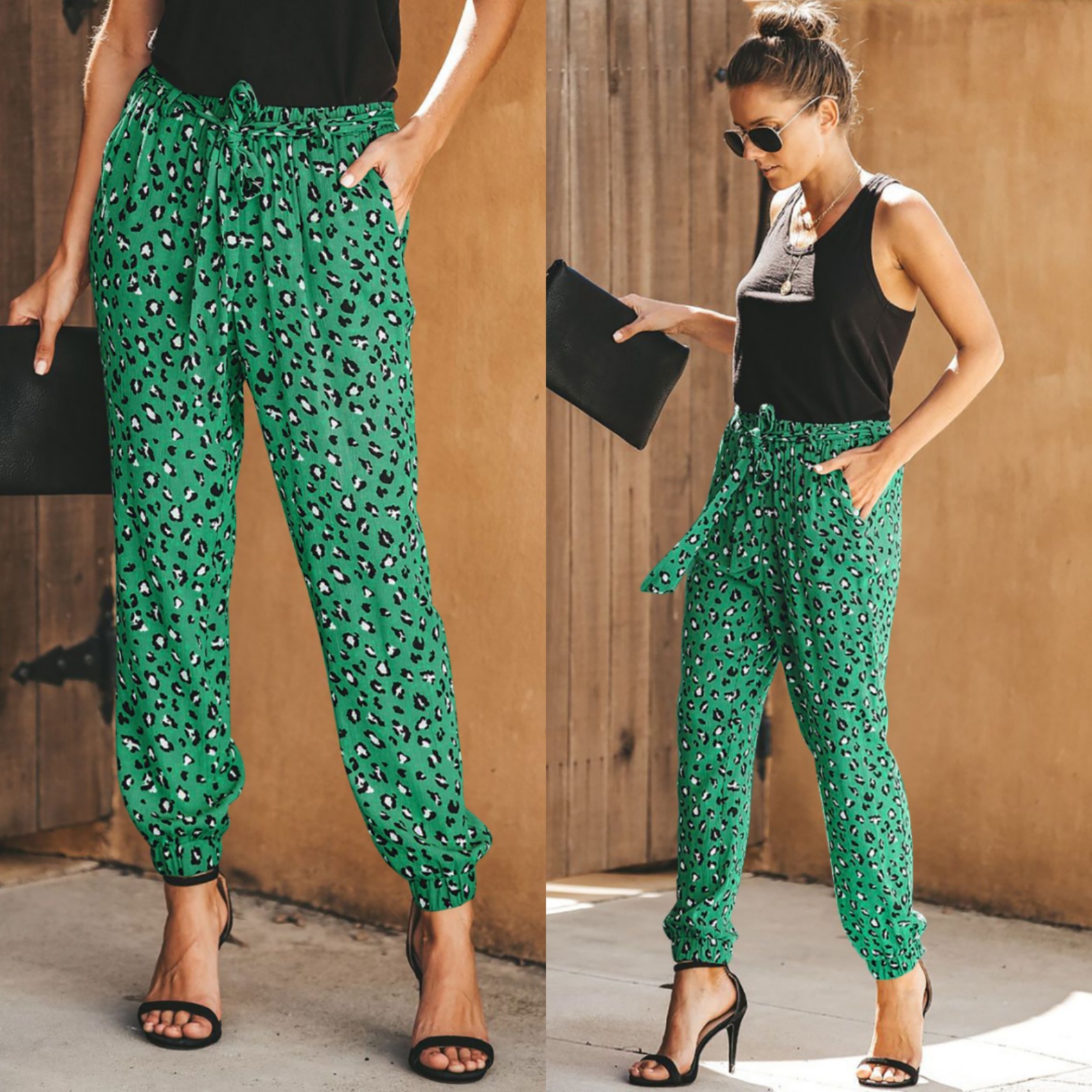 Leopard print loose lace up slacks Green - Shop at LoveMi
